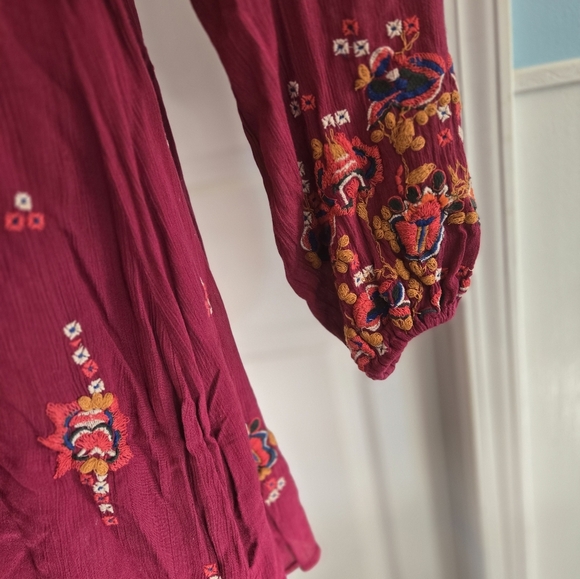 Free People Magenta Embroidered Long Sleeve Mini Semi Backless Dress - Picture 3 of 11